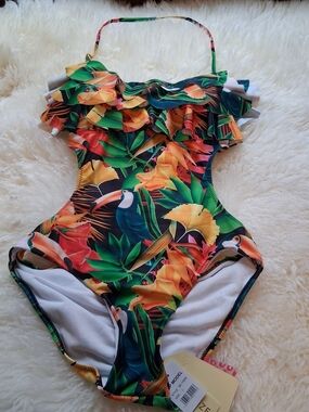TOP Moda Tropical Floral One-Piece Swimsuit in Green, Orange, Yellow